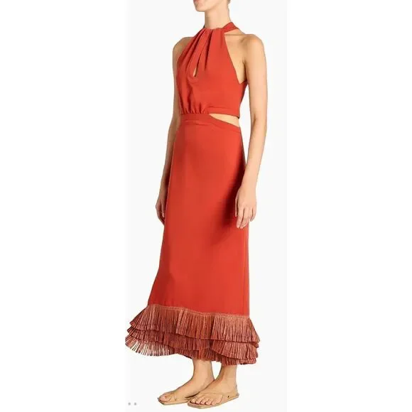 Johanna Ortiz Cut Out & Fringe-Hem Midi-Dress in Ankara Red NWT Size 4 - Picture 4 of 15